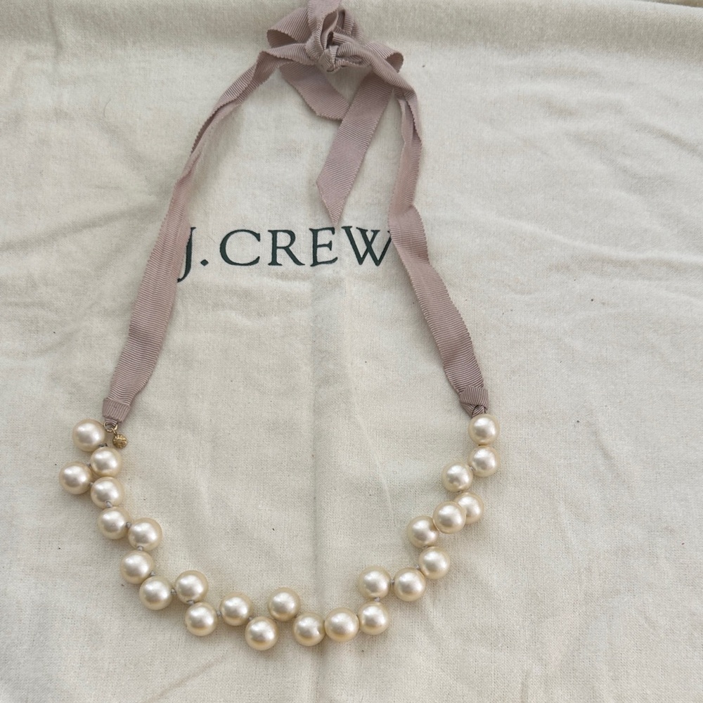 J. Crew Pearl Necklace with Taupe Ribbon